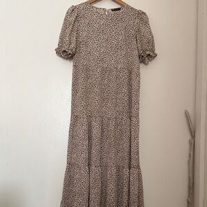 Neutral Animal-Print Tiered Maxi Dress in Beige